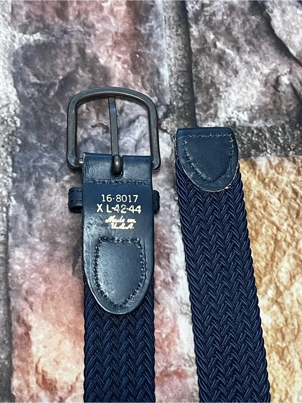 Leather Elastic Braided Woven Stretch Belt Two Tone Buckle Navy Size XL 42-44